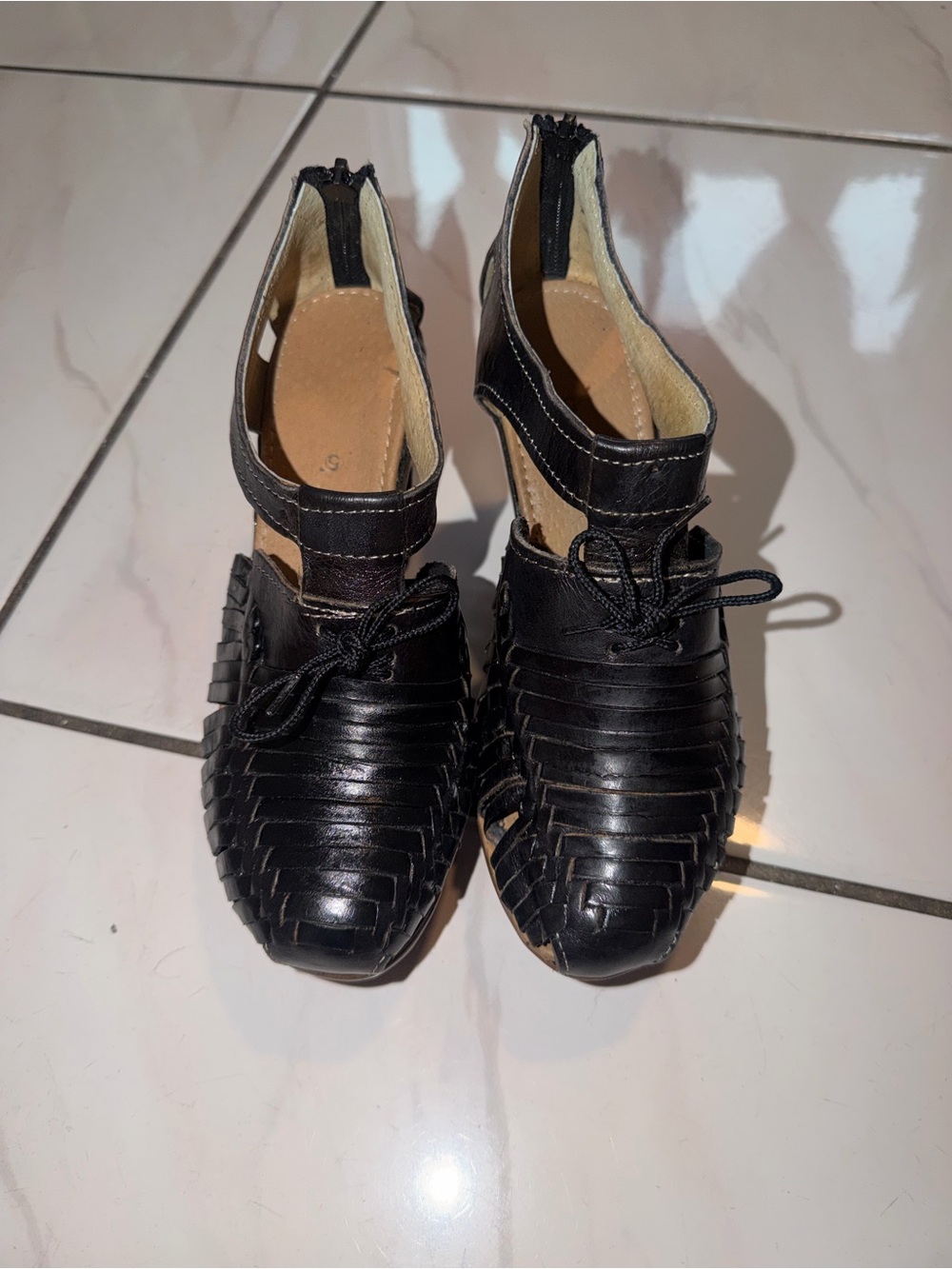 Brand New Handmade Black Leather Woven Huarache Heels